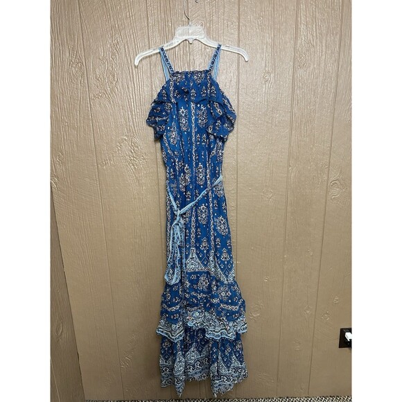 Anthropologie Sasha Ruffled Maxi Dress Size M Blue Paisley Print Halter Neck‎ - Picture 7 of 8